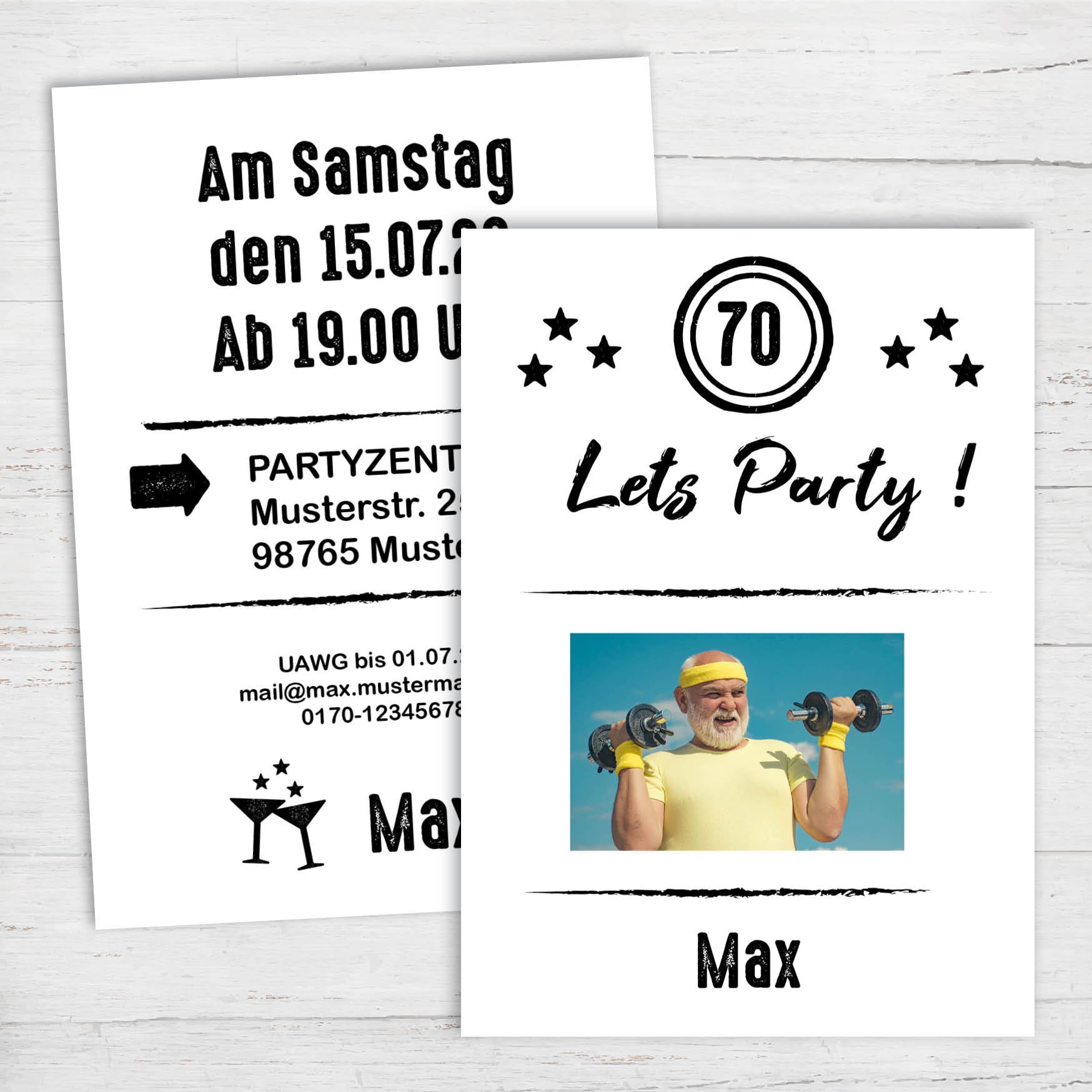 Einladung zum 70. Geburtstag: Let’s Party - mit Foto weiß